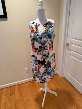 Elena Wang Elegant Silky White Floral Print Sheath Dress